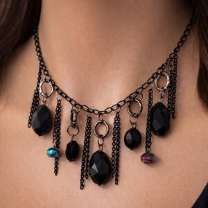 Women's Gunmetal Silver Tone Fringed Beaded Necklace w/ Matching Earrings, 22-in